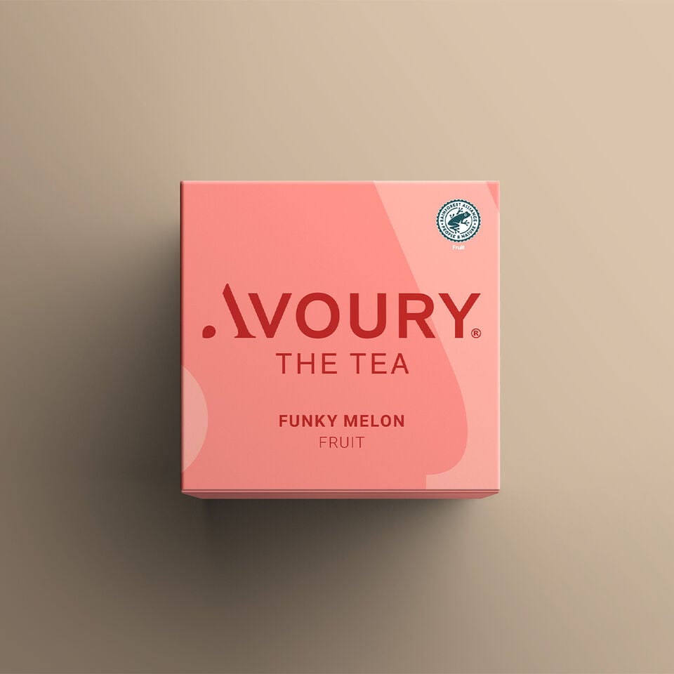 Front of Avoury Funky Melon tea capsule packaging